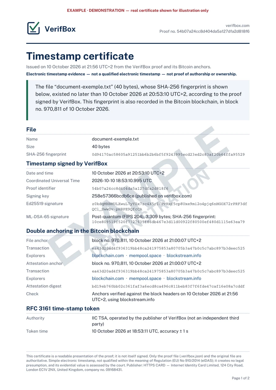 Example of a VerifBox timestamp certificate: statement, file fingerprint, Ed25519 and ML-DSA-65 signatures, Bitcoin block and transaction.